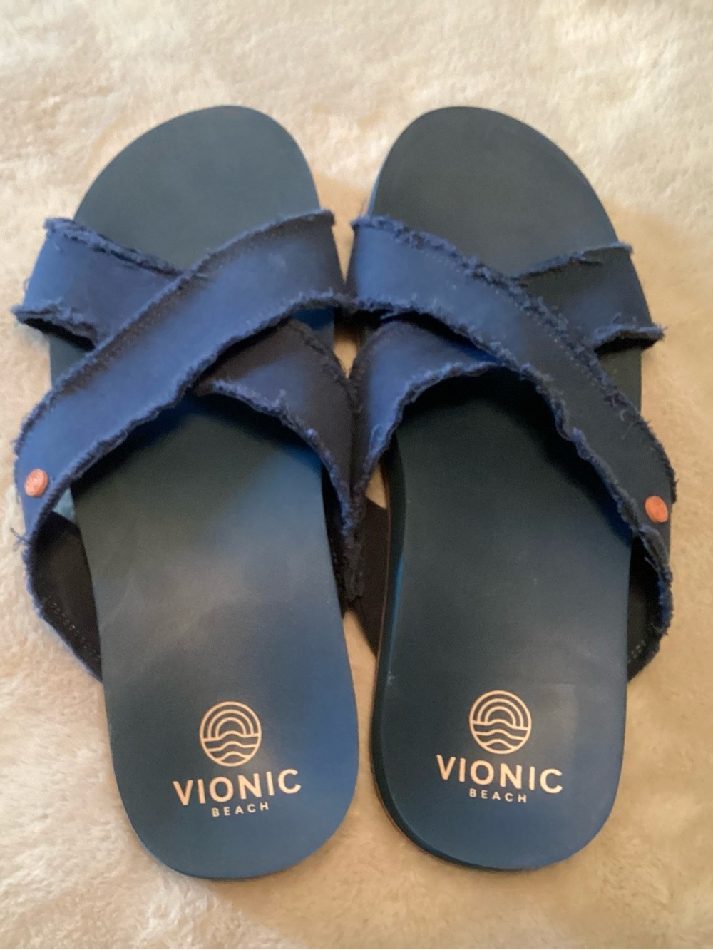 Vionic Beach Panama Women’s Navy Blue Frayed Crisscross Slide Sandals - Size 10